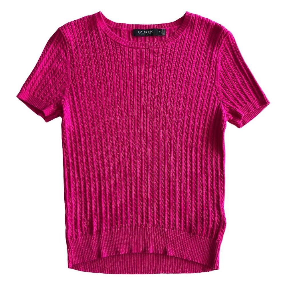 Hot Pink Ralph Lauren Cable Knit Short Sleeve Sweater Crew Neck Top Preppy Shirt